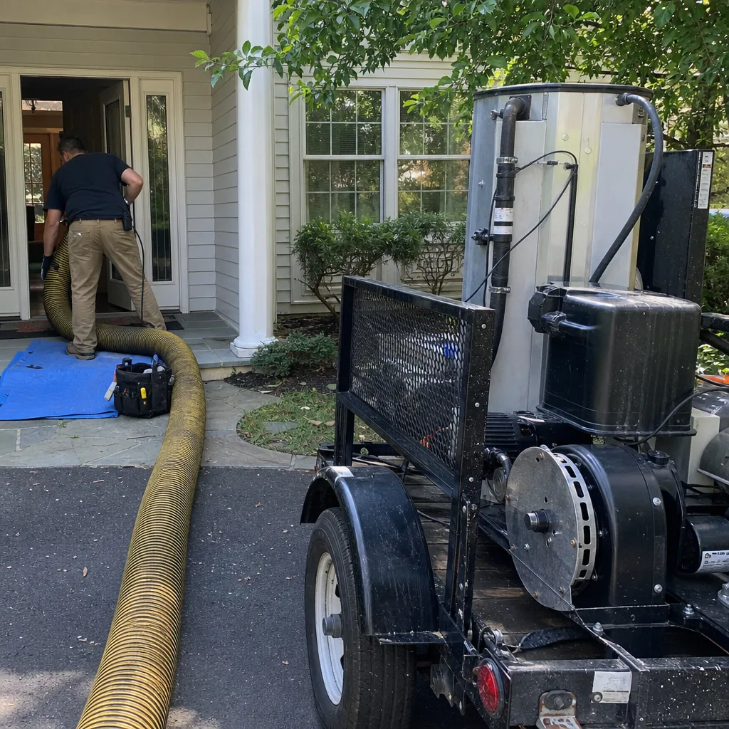 Technician using professional air duct cleaning equipment at a residence