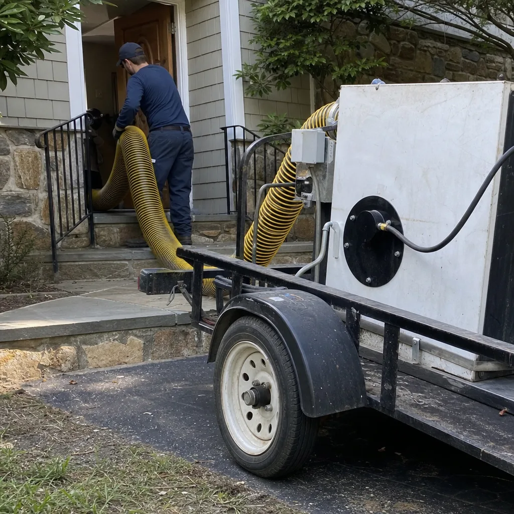 Technician using industrial vacuum equipment for residential air duct cleaning services