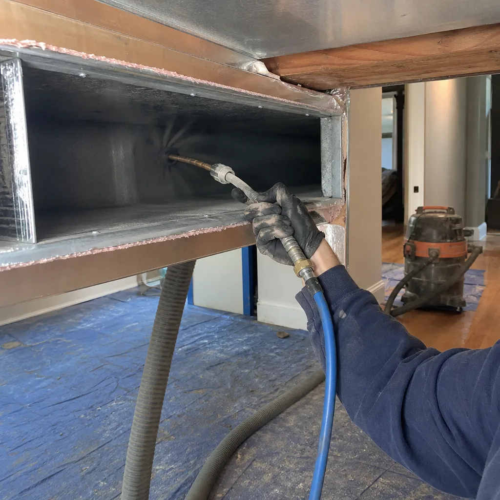 Technician using professional tools for residential air duct cleaning