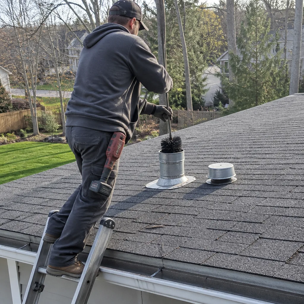Professional technician performing residential dryer vent cleaning from the roof