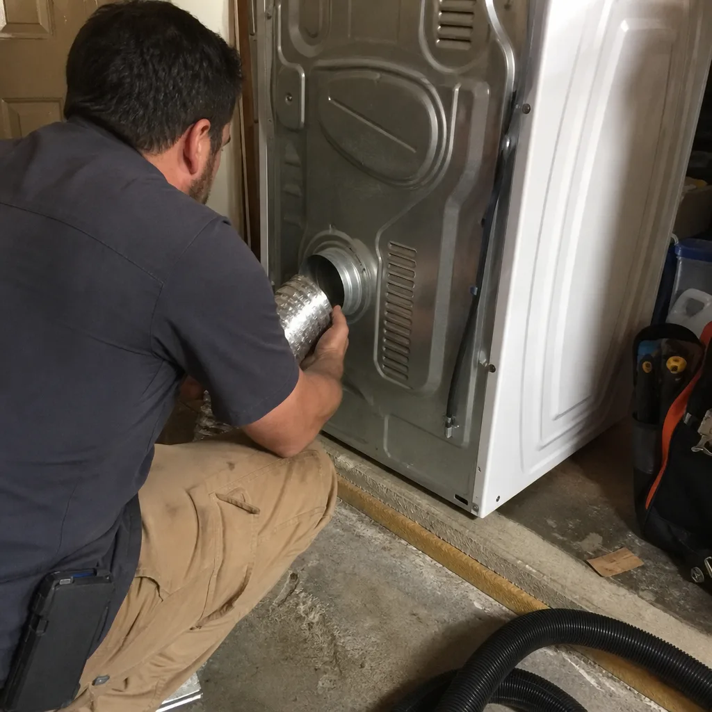 Technician performing professional dryer vent cleaning service
