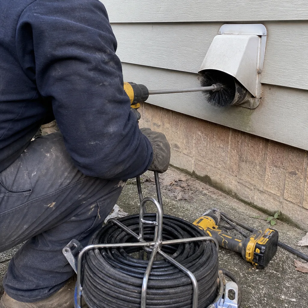 Technician performing professional dryer vent cleaning with a rotating brush tool